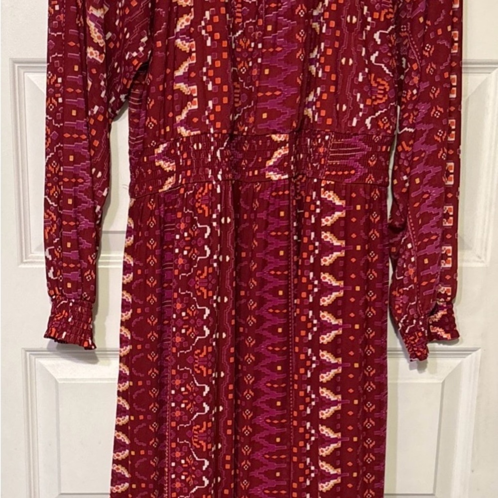 Knox Rose boho long sleeve dress deep hibiscus red Aztec hippie festival pockets - Picture 9 of 10
